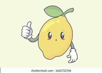 Vector Thumb Up, Okay, Okey, OK Hand Gesture. Uh Oh, Gasp Face. Lemon Fruit Character Emoticon, Emoji, Expression Cartoon Style. Logo, Icon, Mascot Illustration Art