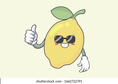 Vector Thumb Up, Okay, Okey, OK Hand Gesture. Relaxed, Glasses, Cool face. Lemon Fruit character emoticon, emoji, expression cartoon style. Logo, Icon, Mascot Illustration art