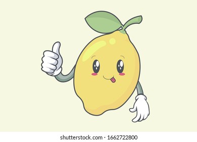 Vector Thumb Up, Okay, Okey, OK Hand Gesture. Dumb, Funny, Tongue face. Lemon Fruit character emoticon, emoji, expression cartoon style. Logo, Icon, Mascot Illustration art