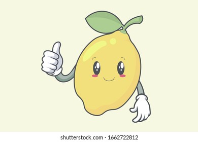 Vektorillustration, Okey, OK Hand Gesture. Lächle leicht das Gesicht. Lemon Fruit Charakter Emoticon, Emoji, Ausdruck Cartoon Stil. Logo, Symbol, Maskenbildkunst