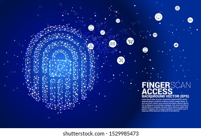 vector thumbprint icon with lock pad center  from dot connect line polygon. background concept for finger scan technology and privacy access.