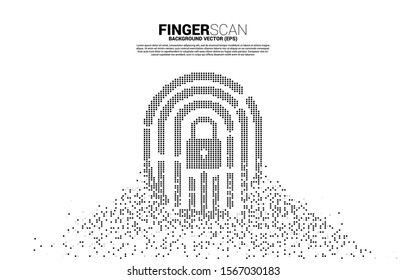 vector thumbprint with lock pad center icon from pixel transformation. background concept for finger scan technology and privacy access.