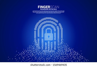 vector thumbprint with lock pad center icon from pixel transformation. background concept for finger scan technology and privacy access.