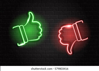 Vector thumbs up and down neon signs on the wall background.