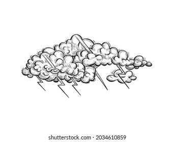 Vector thundercloud, illustration in engraved style. Hand drawn storm cloud with zippers, pencil sketch. Storm weather element in sketch style, isolated on white background.