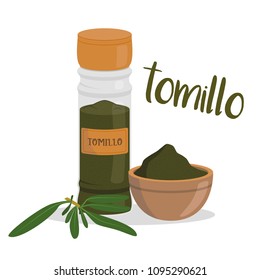 Vector thyme illustration isolated in cartoon style. Spanish name. Herbs and Species Series