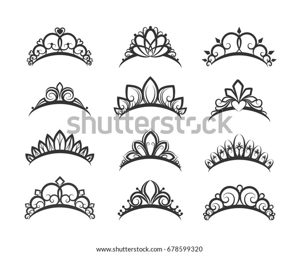 Vector tiara set. Beautiful\
queen tiaras or princess crown silhouettes for wedding cards and\
vignettes