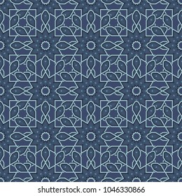 Vector Tibet mandala seamless pattern in blue and gray colors.