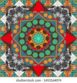 Vector Tibet mandala seamless pattern in brown, gray and blue colors.