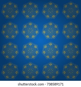 Vector Tibet mandala seamless pattern in blue, neutral and yellow colors.