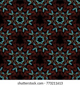 Vector Tibet mandala seamless pattern in black, blue and red colors.