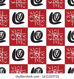 Vector Tic Tac Toe and Abstract Love Text in White and Black on White and Red Squares Seamless Repeat Pattern. Background for textiles, cards, manufacturing, wallpapers, print, gift wrap and