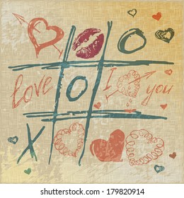 vector Tic Tac Toe Hearts, Valentine background. The valentine's day. Love heart. Hand-drawn icons symbols. Art vintage illustration. Print for burlap textile.