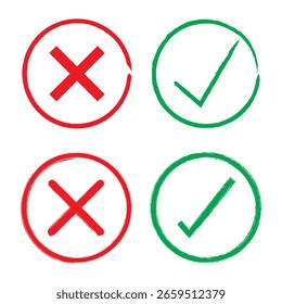 Vector tick and cross brush stroke sign set. Green and red OK, X vote option check mark icons. Isolated objects on white background. Flat grunge marks graphic design. Symbol for yes and no decisions.