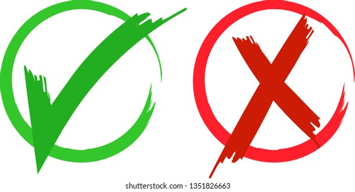 Vector Tick and Cross Icons, Grunge Scribble Lines Freehand Drawings, Green and Red Colored Signs. Isolated on White Background.