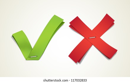 Vector tick and cross made of green and red ribbons stapled to background. EPS10.