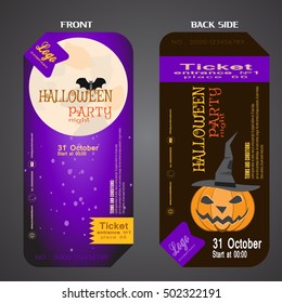 Vector ticket to Halloween night party with moon, pumpkin in witch hood on brown and gradient lilac background.