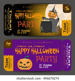 Vector  ticket to a Halloween party on the gradient dark brown and lilac background.