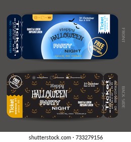 Vector ticket to Happy Halloween night party with blue full moon, stripes, stamp, yellow and white text on the gradient dark blue and brown background with pattern.