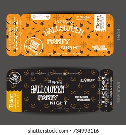 Vector ticket to Happy Halloween night party with white text on the yellow and brown background with pattern.