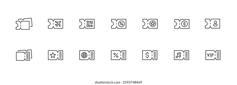 Vector ticket icons set featuring travel, event, and entertainment symbols.