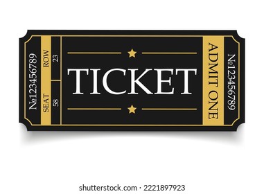 Vector ticket isolated isolated on white background. Cinema, theater, concert, play, party, event, festival black and gold ticket realistic template set. Ticket icon for website.