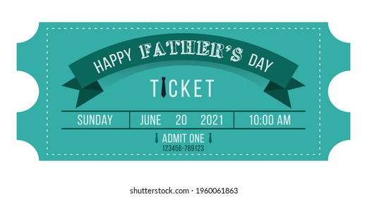 Vector ticket to the show in honor of Father's Day in turquoise colors. Date ticket. Isolated on white background.