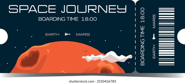 Vector ticket template with dark blue space background and Mars planet. Hand drawn celestial bodies in cartoon stylization. Admission for planetarium, exhibition and show