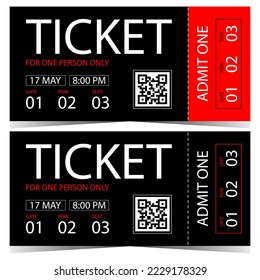 Vector ticket template design with QR code. Entrance ticket, coupon, talon or flyer with event date and time, suitable for cinema, exhibition, concert, party, disco, nightclub, private areas access.