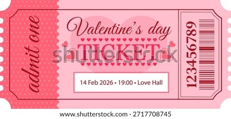 Vector ticket template in pink romantic style for Valentine's Day event or party.
