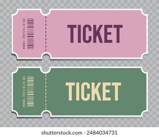 Vector ticket template. Theater, cinema ticket realistic vector template. Movie, raffle, carnival blank ticket with barcode and text space. Сasino, concert, game, party, event, festival.