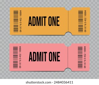 Vector ticket template. Theater, cinema ticket realistic vector template. Movie, raffle, carnival blank ticket with barcode and text space. Сasino, concert, game, party, event, festival.