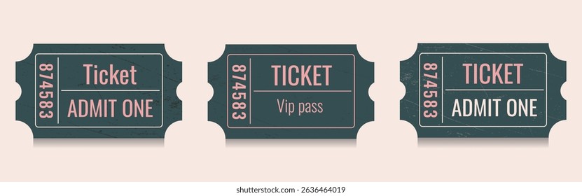 Vector Ticket Templates. Movie ticket, movie, circus, theater, film, festival, casino, club, music. Set of event passes, admission tickets. Vector illustration.