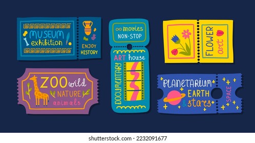 Vector tickets to different events set. Entrance attendance tickets for history museum, flower art, zoo, art house movies and planetarium space exhibition illustration isolated