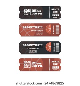 Vector Tickets isolated on white background. Basketball ticket card template. Card invitation, event and date, place sector. Ticket icon for website.