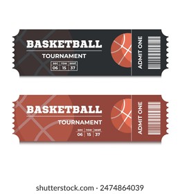 Vector Tickets isolated on white background. Basketball ticket card template. Card invitation, event and date, place sector. Ticket icon for website.