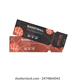 Vector Tickets isolated on white background. Basketball ticket card template. Card invitation, event and date, place sector. Ticket icon for website.