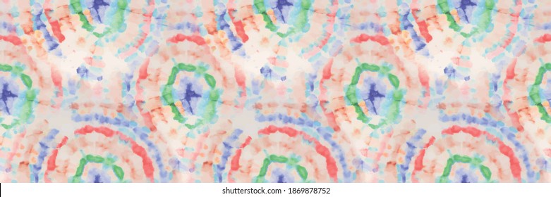 Vector Tie Dye Circle. Rainbow Stripe Circle.  Repeat Tie Dye Pattern. Dyed Brush Stripe Pattern. Seamless Abstract Circles. Multi Circle Background. Hippie Grunge Batik. Old Seamless Stripe Tie Dye