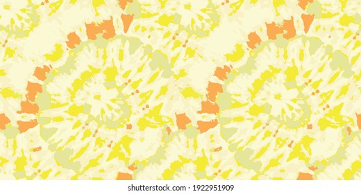 Vector Tie and Dye Seamless. Ethnic Pattern. Floral Psychedelic Prints. Lemon Mottled Design. Graphic Texture. Yellow Tie Dye Batik. Watercolor Background. Washed Effect.