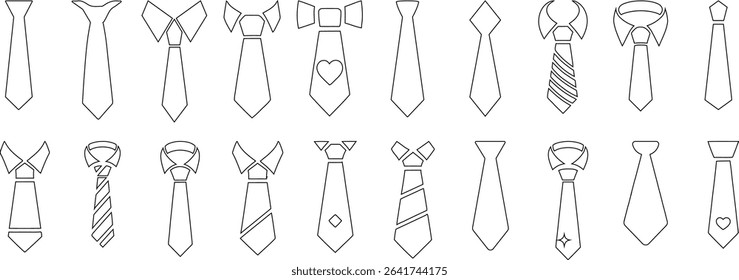 Vector tie icon set line art features 20 unique necktie designs, perfect for office, fashion, and business themes. Includes various tie patterns, bows, and necktie styles for creative use
