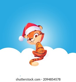 vector tiger banner new year background illustration red hat holiday cartoon cute winter greeting season animal happiness poster template little calendar child graphic design invitation
