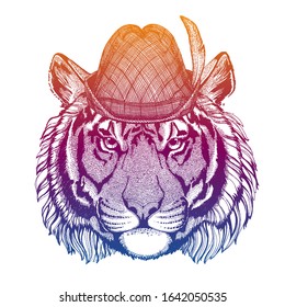 Vector tiger. Bavarian traditional hat. Tirol austrian hat. Beer oktoberfest animal portrait.