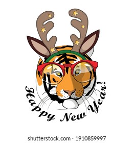 Vector tiger with christmas horns and glasses. Happy New Year.