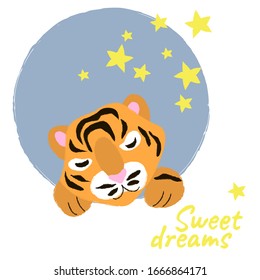 vector tiger cub baby wild animal sleeping cartoon cute childish card textile paper design word sweet dreams