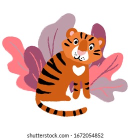 vector tiger cub baby wild animal in leaves cartoon cute childish card textile paper design