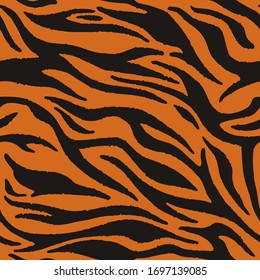 Vector Tiger Fur, Orange Stripes Pattern. Animal Skin Print, Seamless Texture. Safari Repeating Background. 