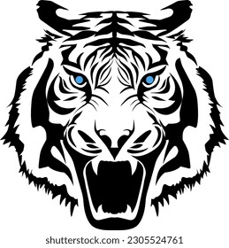 Vector tiger head black and white silhouette, angry tiger logo labels template.