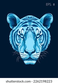 vector tiger head in blue monochrome, angled from front. dark background isolated stylized svg