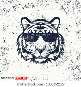Vector tiger head, hipster face  on grunge background