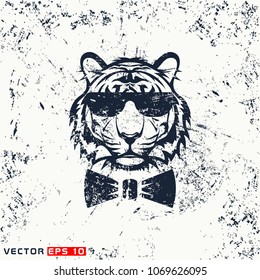 Vector tiger head, hipster face on grunge background